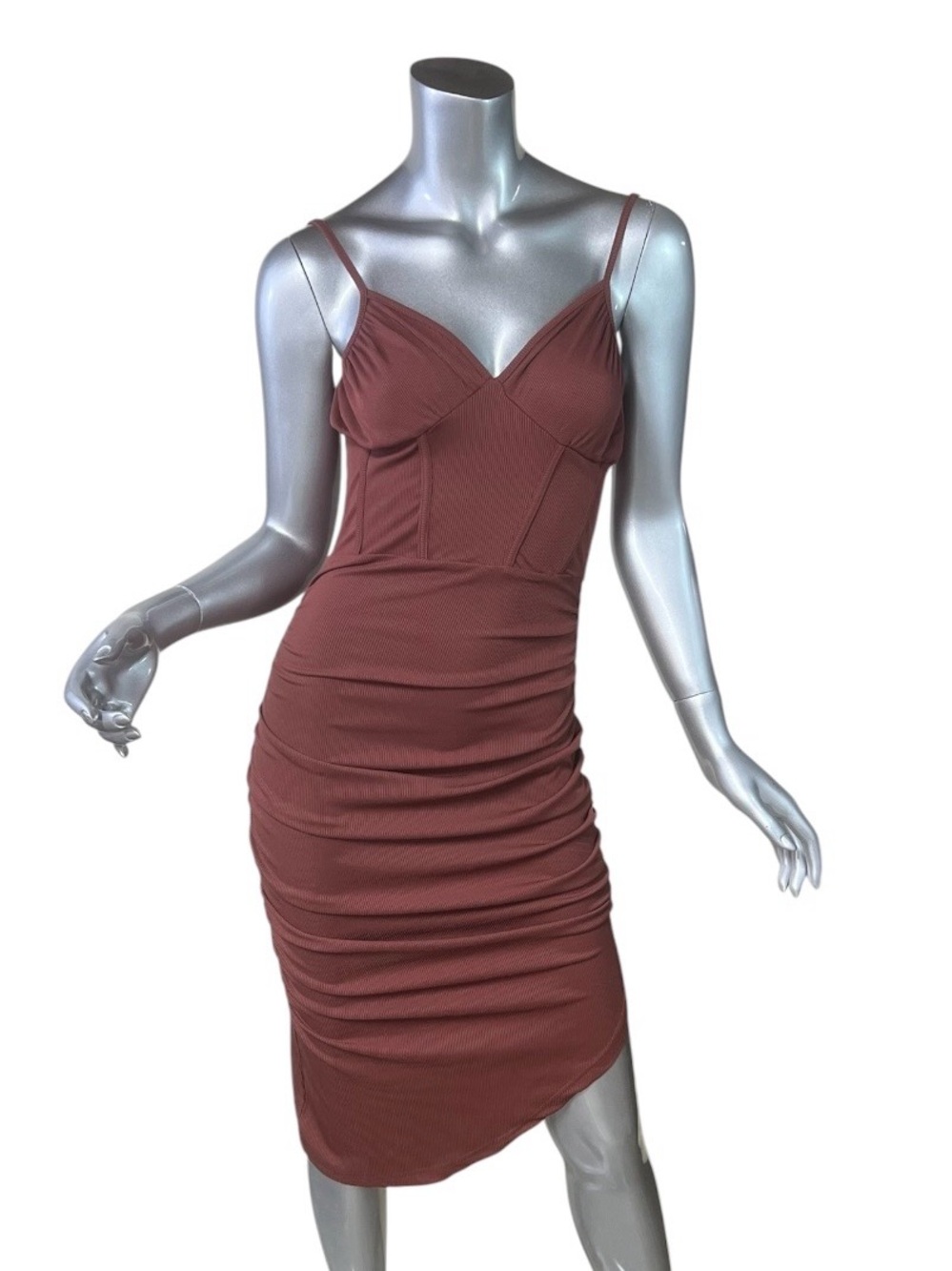 Asymmetrical Ruched Slip Midi Body-Con Stretch Dress Mauve Copper SMALL
